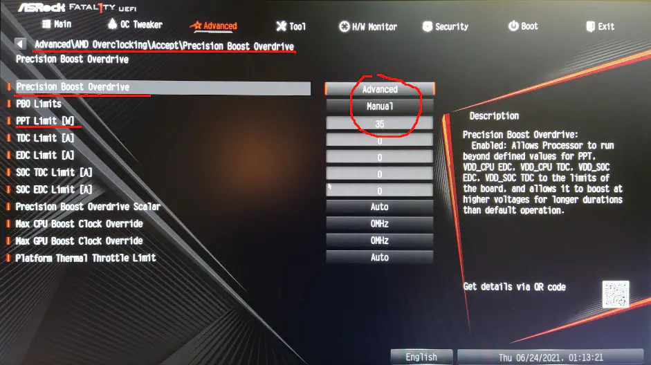 Setting the PPT BIOS setting to 35 watt on a ASRock Fatal1ty B450 Gaming-ITX/ac motherboard